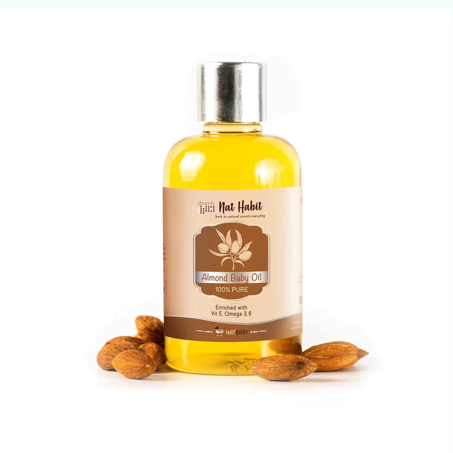 Nat Habit 100% Pure Almond Baby Oil For Baby Skin & Hair, Enriched With Vit E & Omega-3, 6 Non-Refined, LLP Free, Chemical & Preservative Free - 100 ml