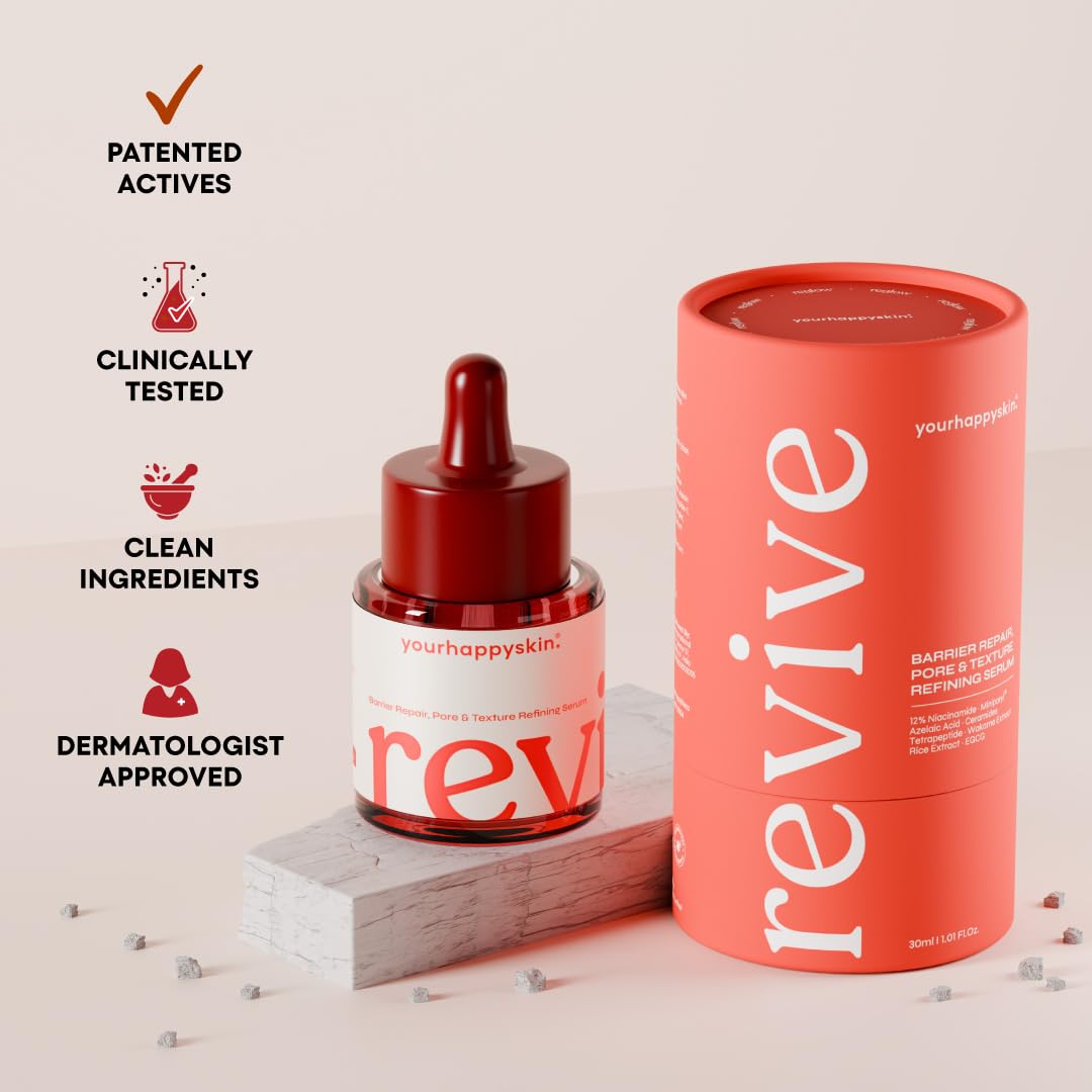 Revive Face Serum | 12% Niacinamide, Azelaic Acid & Ceramides | Refine Pore, Clear & Smooth Skin Tone | For Oily, Sensitive & Dry Skin | Men & Women | Clinically Patented Actives | 30 Ml