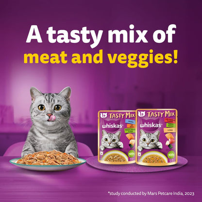 Whiskas Tasty Mix Adult (1+ year) Wet Cat Food, Seafood Cocktail Wakame Seaweed in Gravy, 70 g, Cat Food Made with Real Fish, Complete & Balanced Nutrition for Adult Cats