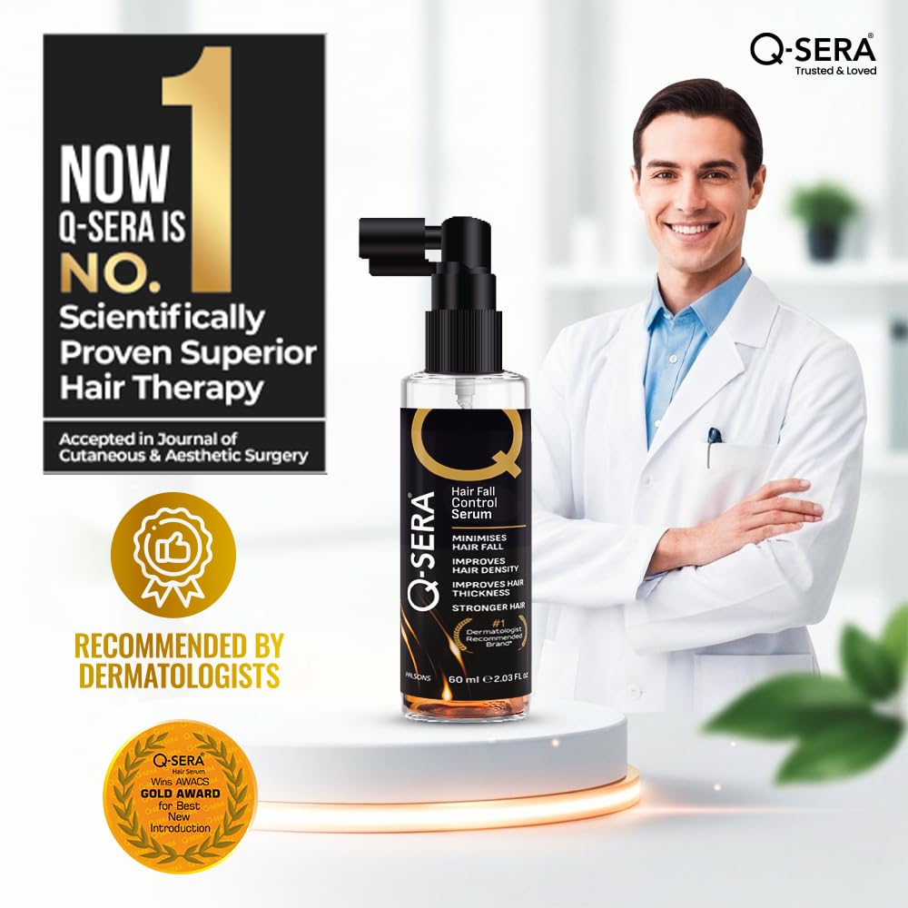 Q-Sera hair serum with a doctor in a white coat and promotional text on a white background