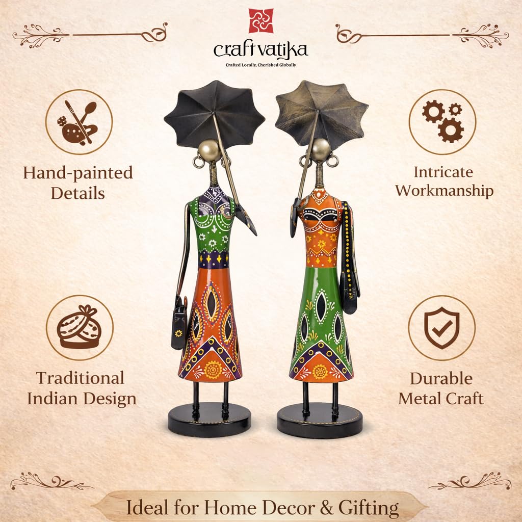 CraftVatika Metal Fashion Dolls with Umbrella Statue Decorative Showpiece Items for Home Decor Living Room Bedroom Table Desk Decoration & Gifts