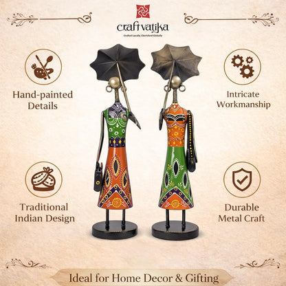 CraftVatika Metal Fashion Dolls with Umbrella Statue Decorative Showpiece Items for Home Decor Living Room Bedroom Table Desk Decoration & Gifts