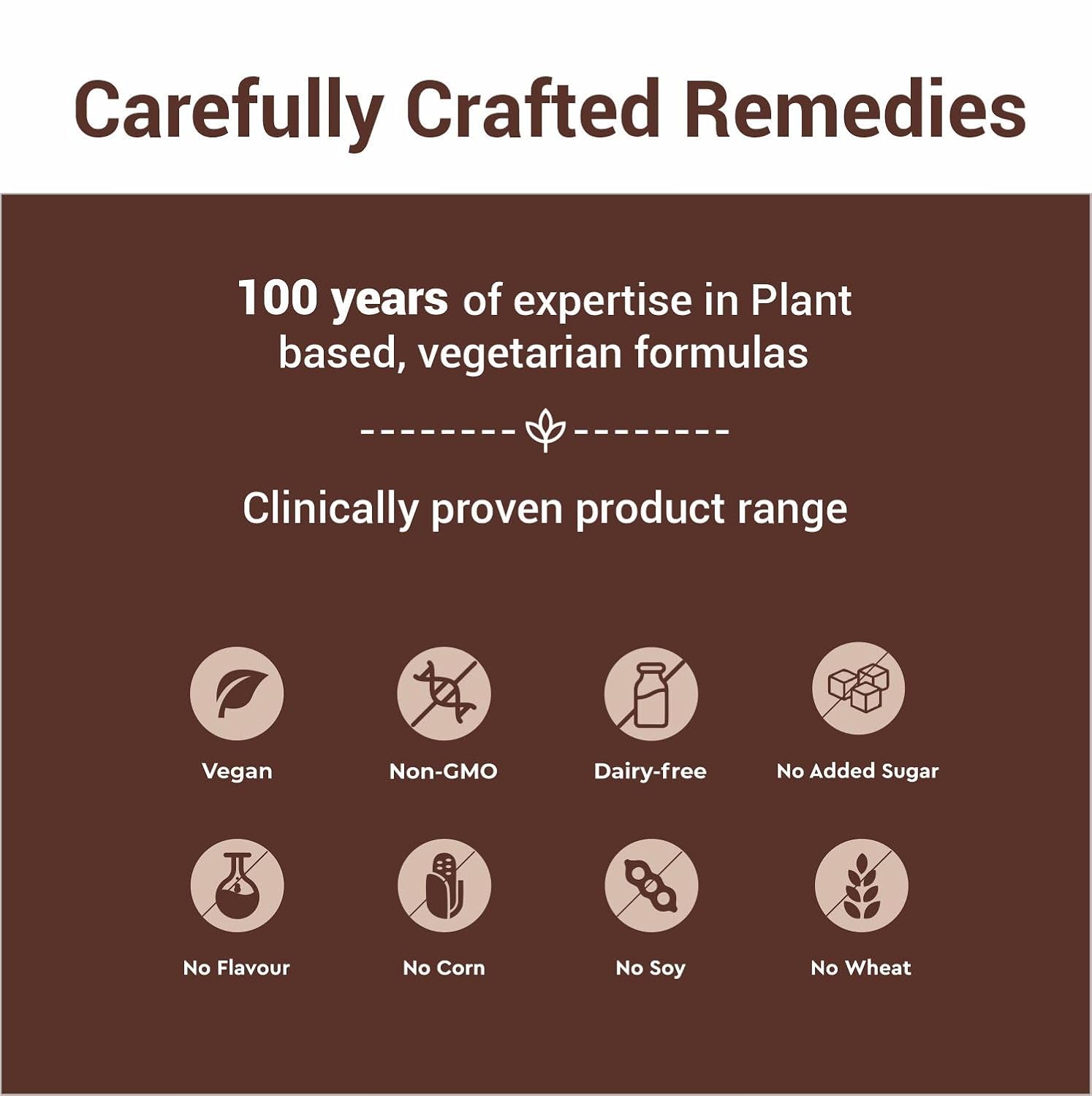 Product label with 'Carefully Crafted Remedies' text and icons indicating product features on a brown background.
