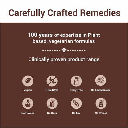 Product label with 'Carefully Crafted Remedies' text and icons indicating product features on a brown background.