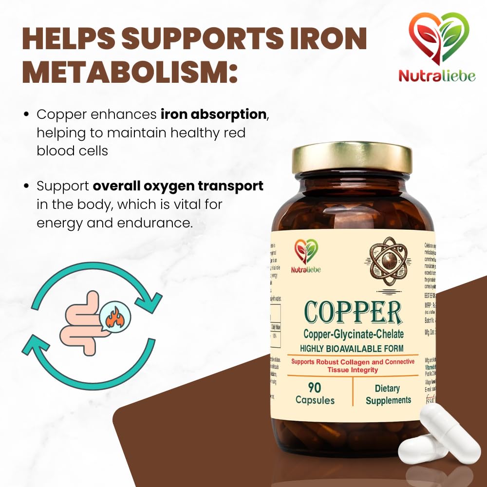 Nutraliebe Copper Glycinate Chelate - High Bioavailability, Supports Collagen Formation and Connective Tissue Health, 90 Capsules