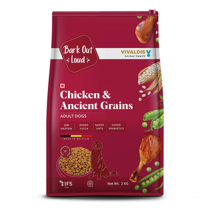 Bark Out Loud Adult Dry Dog Food, Chicken & Ancient Grains | Low Grain Dry Dog Food for Medium & Large Breeds | High Protein Kibbles with Prebiotics, Super Herbs, Antioxidants & Fibre 2 kg | Low Grain, Antioxidants Fibre, Prebiotics & Super Herbs