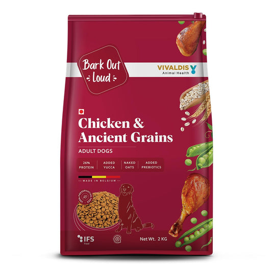 Bark Out Loud Adult Dry Dog Food, Chicken & Ancient Grains | Low Grain Dry Dog Food for Medium & Large Breeds | High Protein Kibbles with Prebiotics, Super Herbs, Antioxidants & Fibre 2 kg | Low Grain, Antioxidants Fibre, Prebiotics & Super Herbs