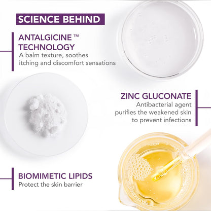 Diagram of Antalgicine technology with ingredients and their functions on a white background.