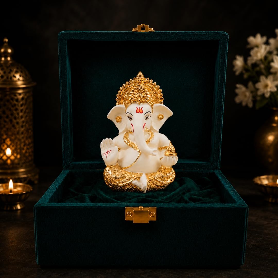 Gold Art India Lord Ganesha Gold Plated Idol | Elegant Off White Finish | Premium Peacock Green Velvet Gift Box | Ganesh Murti for Home Temple, Office Desk & Car Dashboard | Spiritual Gift