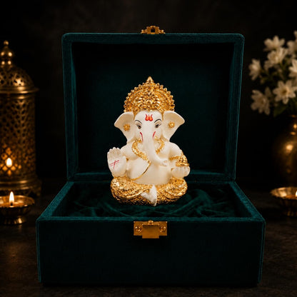 Gold Art India Lord Ganesha Gold Plated Idol | Elegant Off White Finish | Premium Peacock Green Velvet Gift Box | Ganesh Murti for Home Temple, Office Desk & Car Dashboard | Spiritual Gift