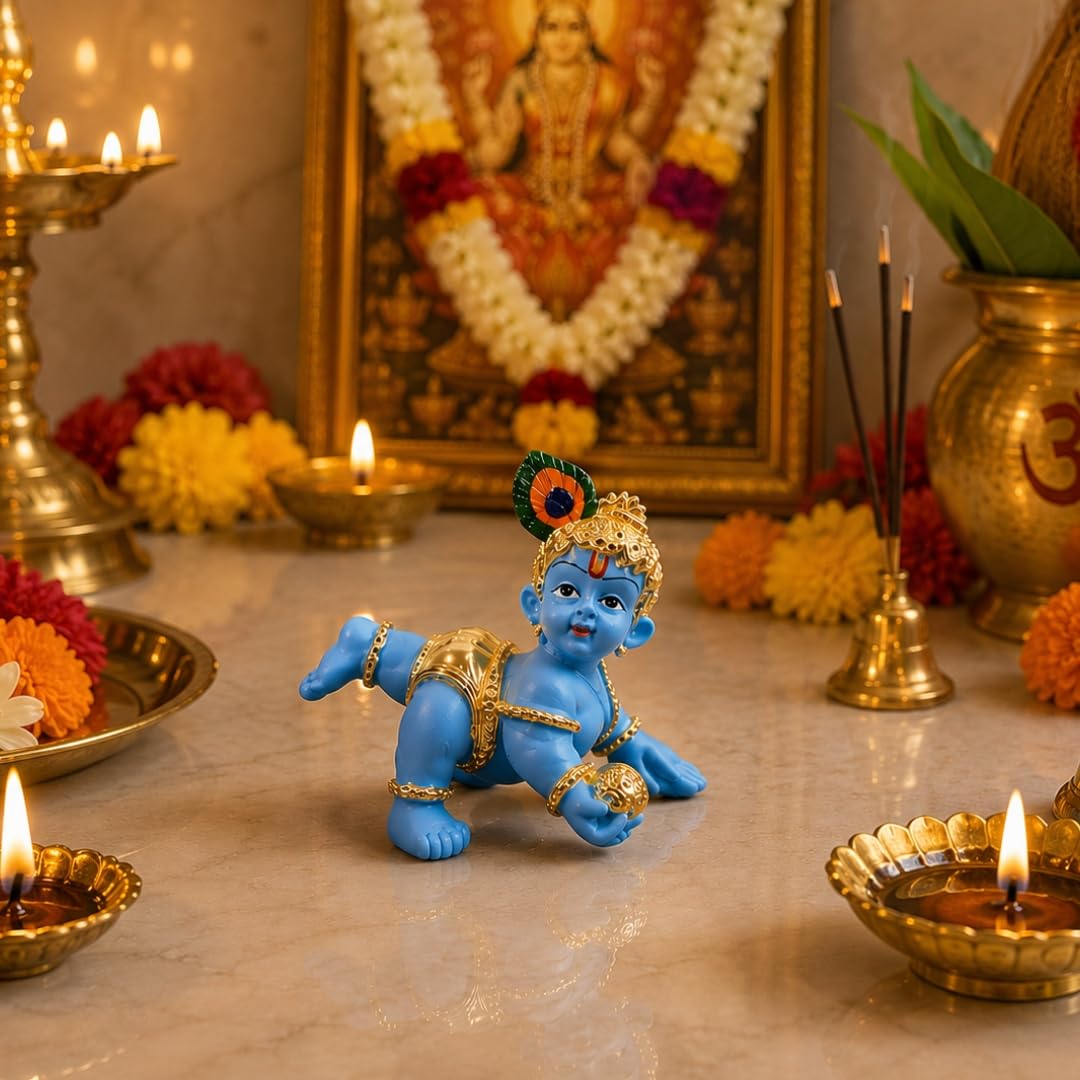 Gold Art India 24K Gold Plated Blue Terracotta Laddu Gopal Idol (2.5 Inch) with Premium Velvet Gift Box | Makhan Chor Bal Krishna Murti for Home Temple, Car Dashboard, Office Desk & Spiritual Gift