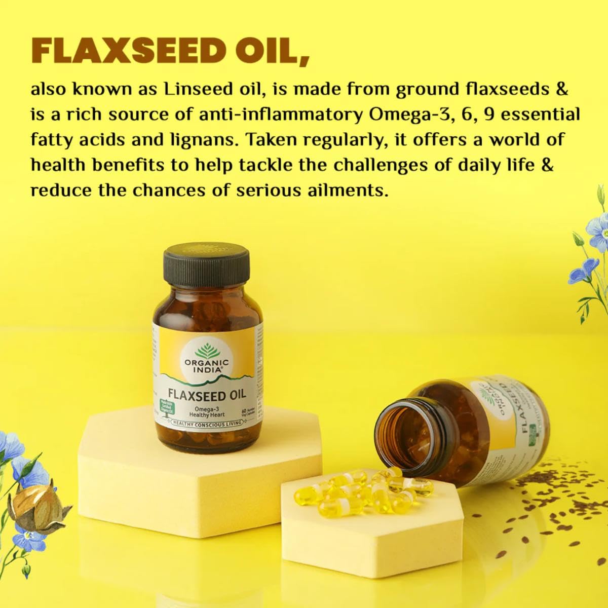 Flaxseed oil bottle with capsules on a yellow background, featuring text about flaxseed oil benefits.