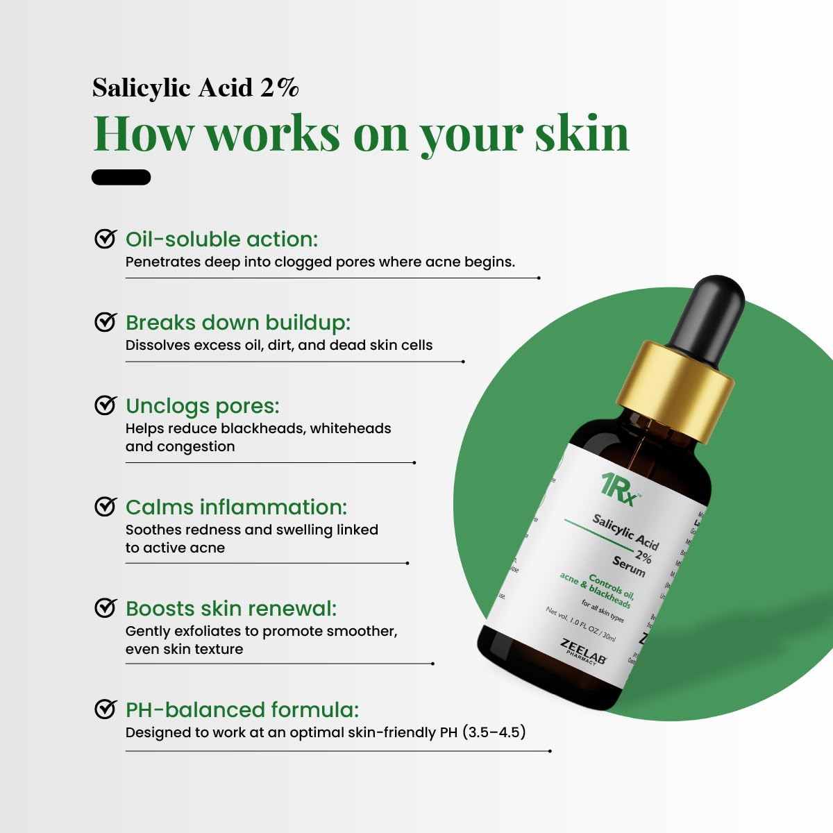 Zeelab 1RX Salicylic Acid 2% Face Serum 30ml | Acne & Pimple Control Serum | Unclogs Pores, Removes Blackheads & Whiteheads | Oil Control & Gentle Exfoliation for Oily & Acne-Prone Skin