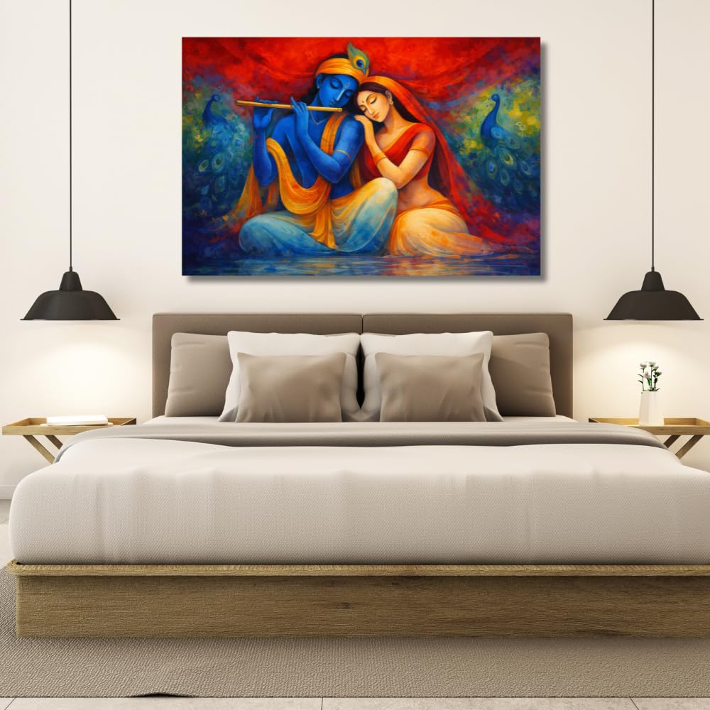 Canvas Radha Krishna Wall Painting For Living Room Big Size | Spritual Wall Art Romantic Radha Krishna Painting For Wall Decoration Large size in Indian Traditional Art | Vastu Home Decor (26 X 18 INCH, Framed - SMALL)