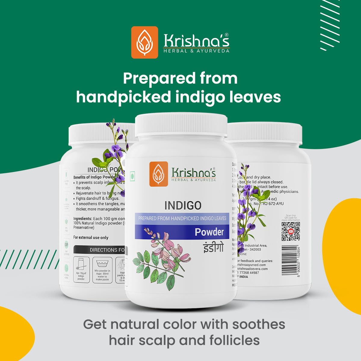 Krishna's Indigo Powder - 100 g | Preservative Free | Organic Powder for Natural Hair Coloring | Protects hair from Damages