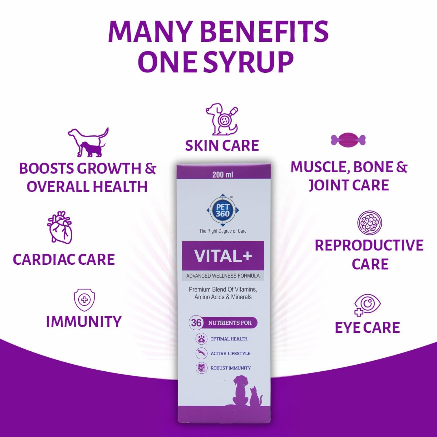PET360 Vital+ Advanced Wellness Formula | Daily Multivitamin Syrup | Healthy Skin, Joints, Immunity & Growth | Nutritional Supplement for Dogs & Cats- 200 ml