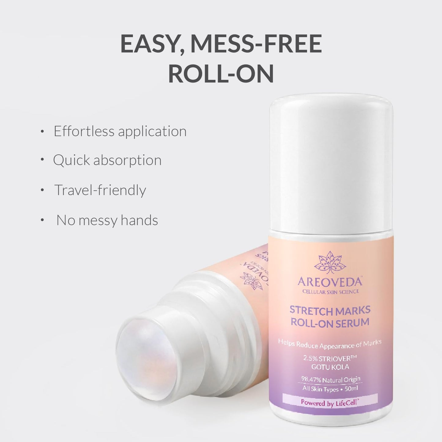 AreoVeda Stretch Marks Roll-On Serum with Gotukola, 3% PENTAVITIN® & 2.5% StrioverTM | Boosts Collagen Synthesis & Skin Elasticity | Fades Stretch Marks in 28 Days | Pregnancy-Safe | 50 ml