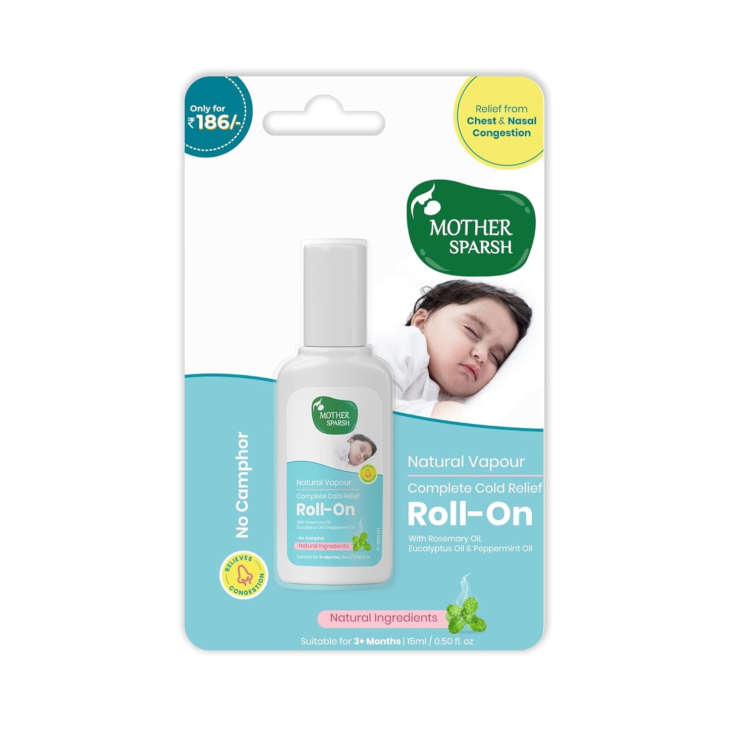 Mother Sparsh Natural Vapour Complete Cold Relief Roll-On for Babies-15ml | With Thymol Crystal, Eucalyptus Oil & Peppermint Oil for Cold & Cough | 100% Natural | Relieves Chest Congestion