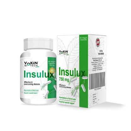 Yokin Biotech Insulux 750 mg supplement bottle and packaging on a white background