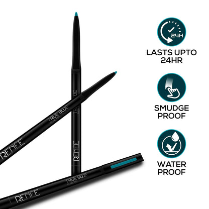 RENEE Kajal Pen with Sharpener - True Blue | 24 Hrs Stay | Long Lasting Kohl Pencil | Matte Finish | Rich Color Payoff | Smudge & Waterproof | One Swipe Application Formula | 0.35gm