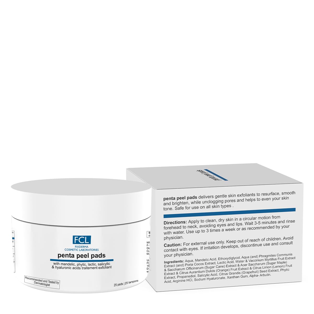 FIXDERMA COSMETIC LABORATORIES Penta Peel Pads, Exfoliant, Removes Dead Cells, Reduces Fine Lines & Wrinkles, Gentle & Safe Peeling 25 Pads, Improves Skin Texture, Shrinks Open Pores