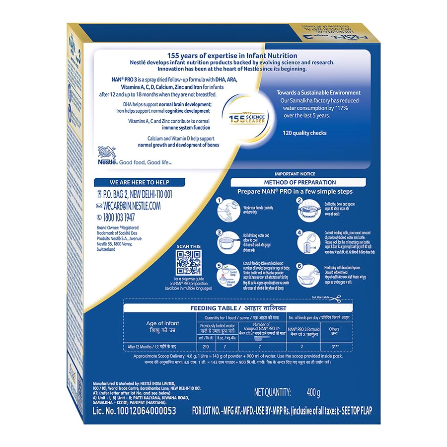 Nestlé NAN PRO 3 Follow-Up Formula-Powder After 12 months, Up to 18 months, Stage 3, 400g Pouch in Box