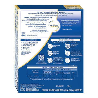 Nestlé NAN PRO 3 Follow-Up Formula-Powder After 12 months, Up to 18 months, Stage 3, 400g Pouch in Box