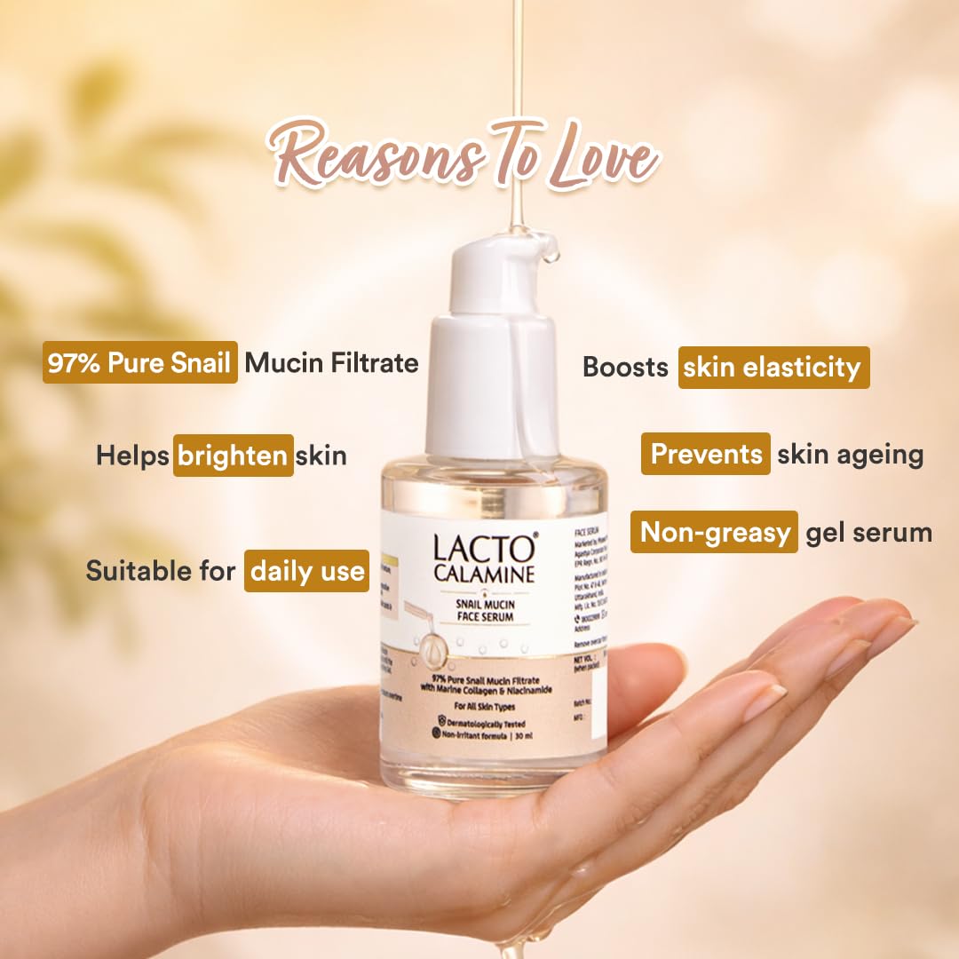 Lacto Calamine Snail Mucin Face Serum for Hydrating Skin | 30 ml | 97% Pure Snail Mucin Essence | Marine Collagen, Niacinamide Serum for Oily Skin | Dermatologically Tested | Korean Skincare
