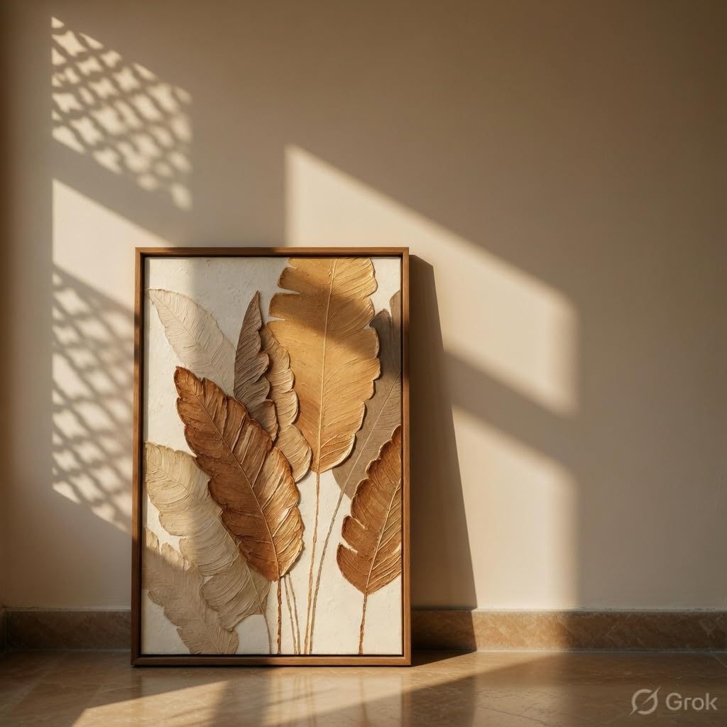 Minimalist Botanical Leaf Wall Painting with Wooden Frame | Modern Beige Leaf Artwork HD UV Laminated MDF Wall Decor | Aesthetic Nature Wall Art for Living Room Bedroom Home 13.5 Inch x 19.5 Inch