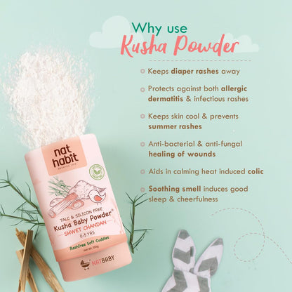 Nat Habit Shwet Chandan Kusha Baby Powder | Talc-Free, Rash-Free Dusting Powder for Newborns & Kids (0 to 5 Yrs) | Cornstarch Baby Powder for Summer, Face & Body | Ayurvedic Baby Puff Powder 150g