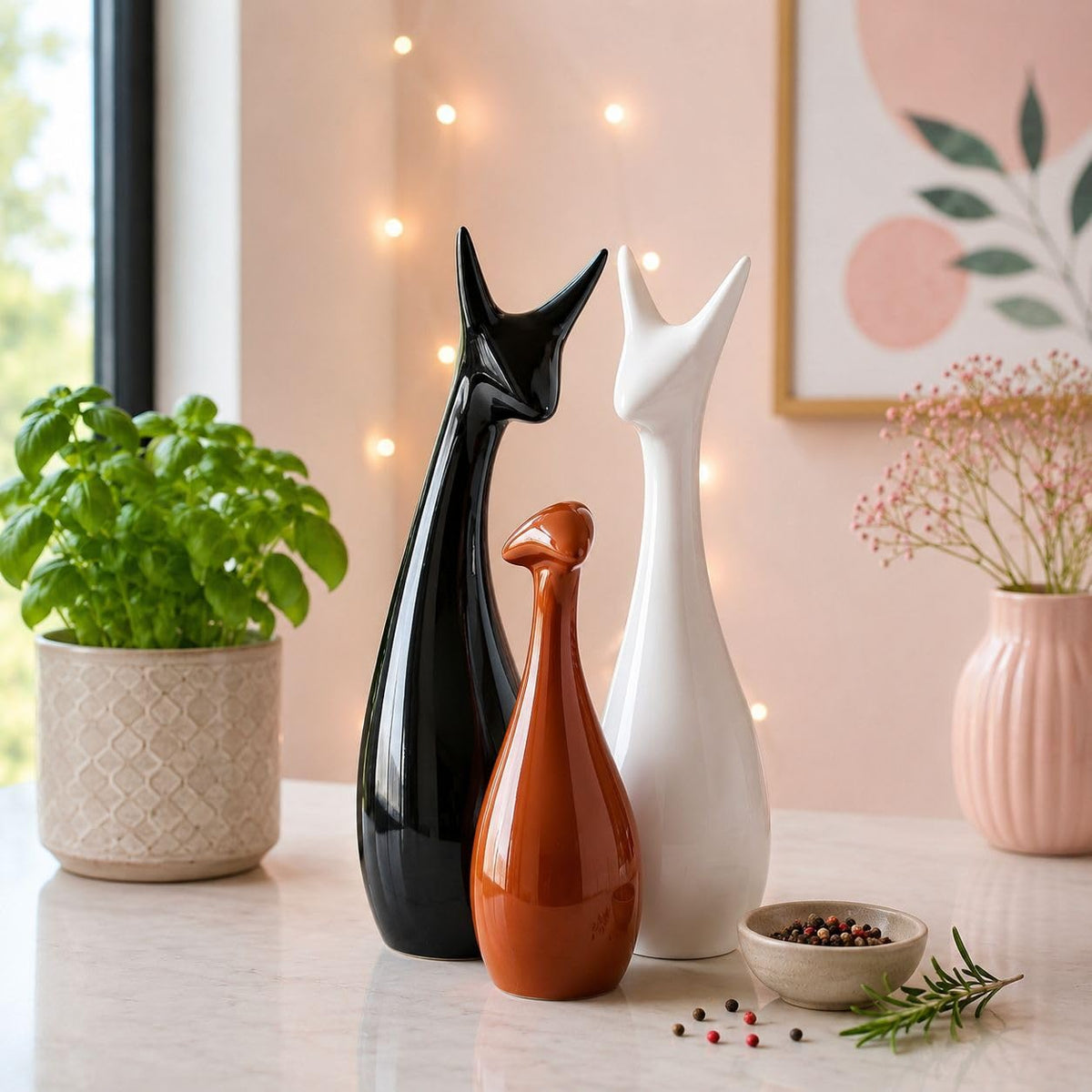 Home Decor Lucky Deer Statue Family Ceramic Figures - (Set of 3, Black,Brown,White)