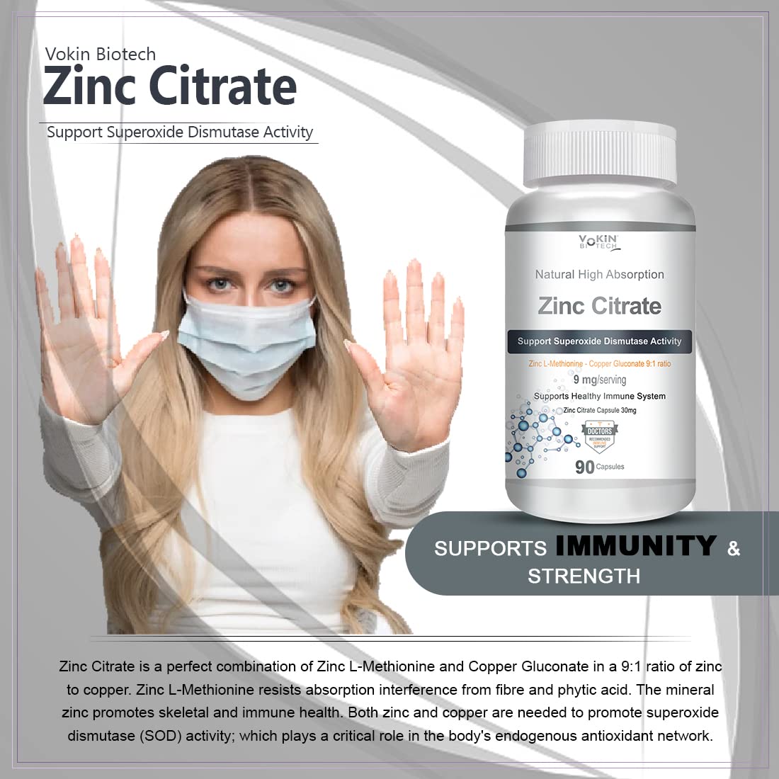 Vakin Biotech Zinc Citrate supplement bottle with a woman wearing a face mask on a gray background