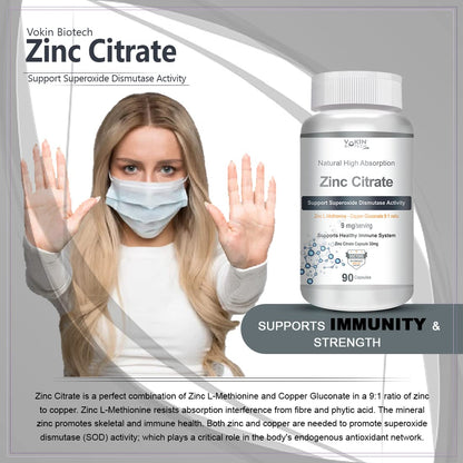 Vakin Biotech Zinc Citrate supplement bottle with a woman wearing a face mask on a gray background