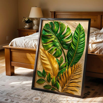 Tropical Leaf Wall Painting with Frame Set of 1 | Premium Textured Green & Gold Monstera Palm Leaves Artwork, Luxury Botanical Nature Wall Decor for Living Room, Bedroom, Office and Home Decoration (Art-20,10x13inch)