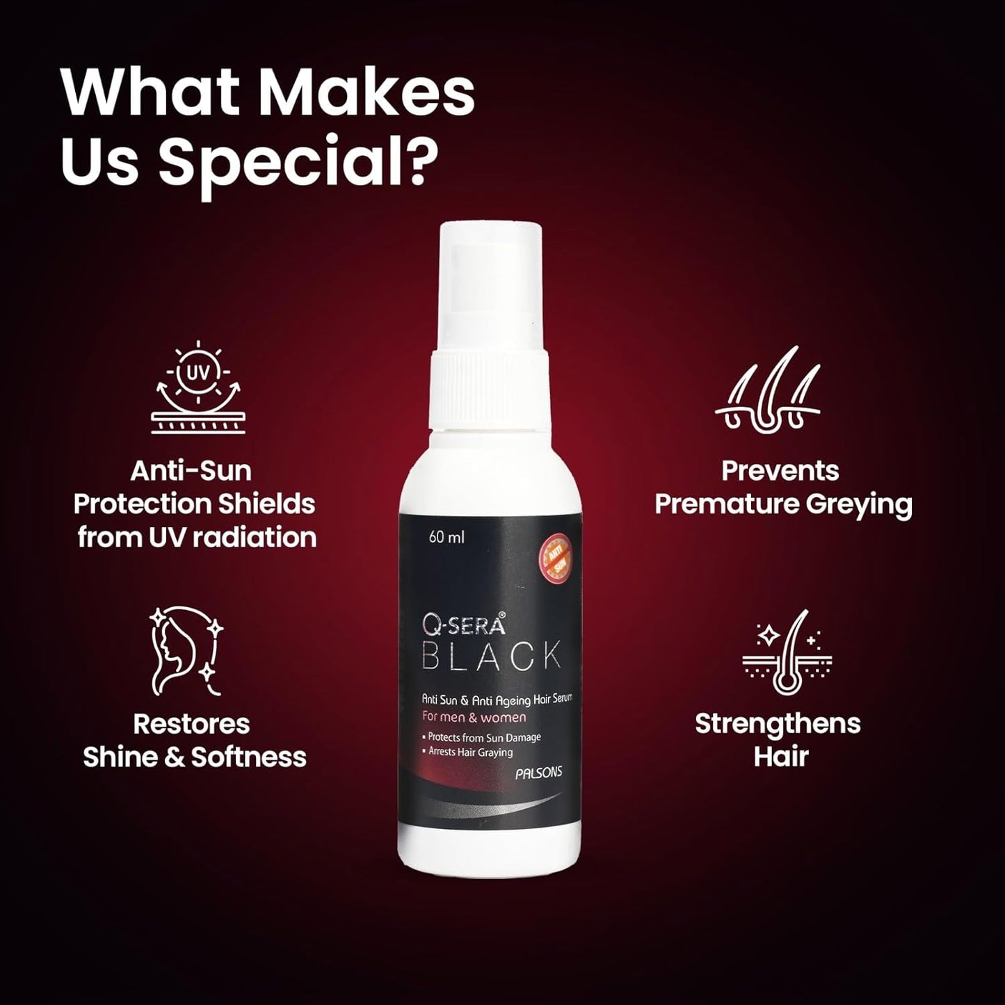 QSera Black Anti Sun And Anti-Ageing Hair Serum | For Men and Women | Repairing Damaged Hair | Protection From Sun Damage | Dermatologist Recommended | 60 ML