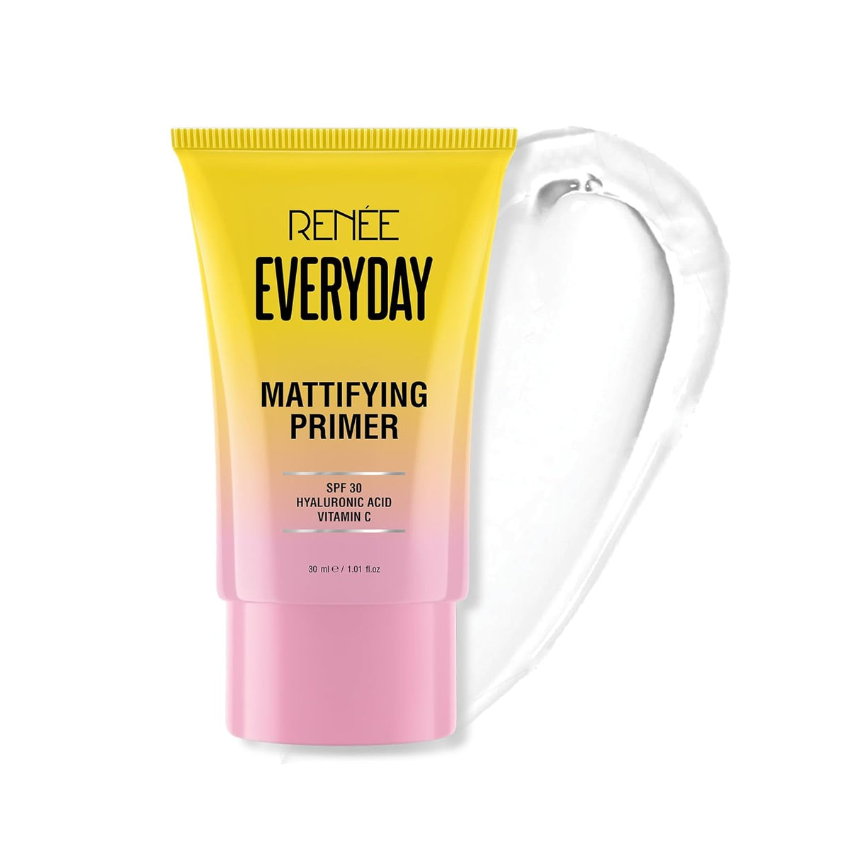 Tube of Rénèe Everyday Mattifying Primer with gradient yellow to pink design on a white background.