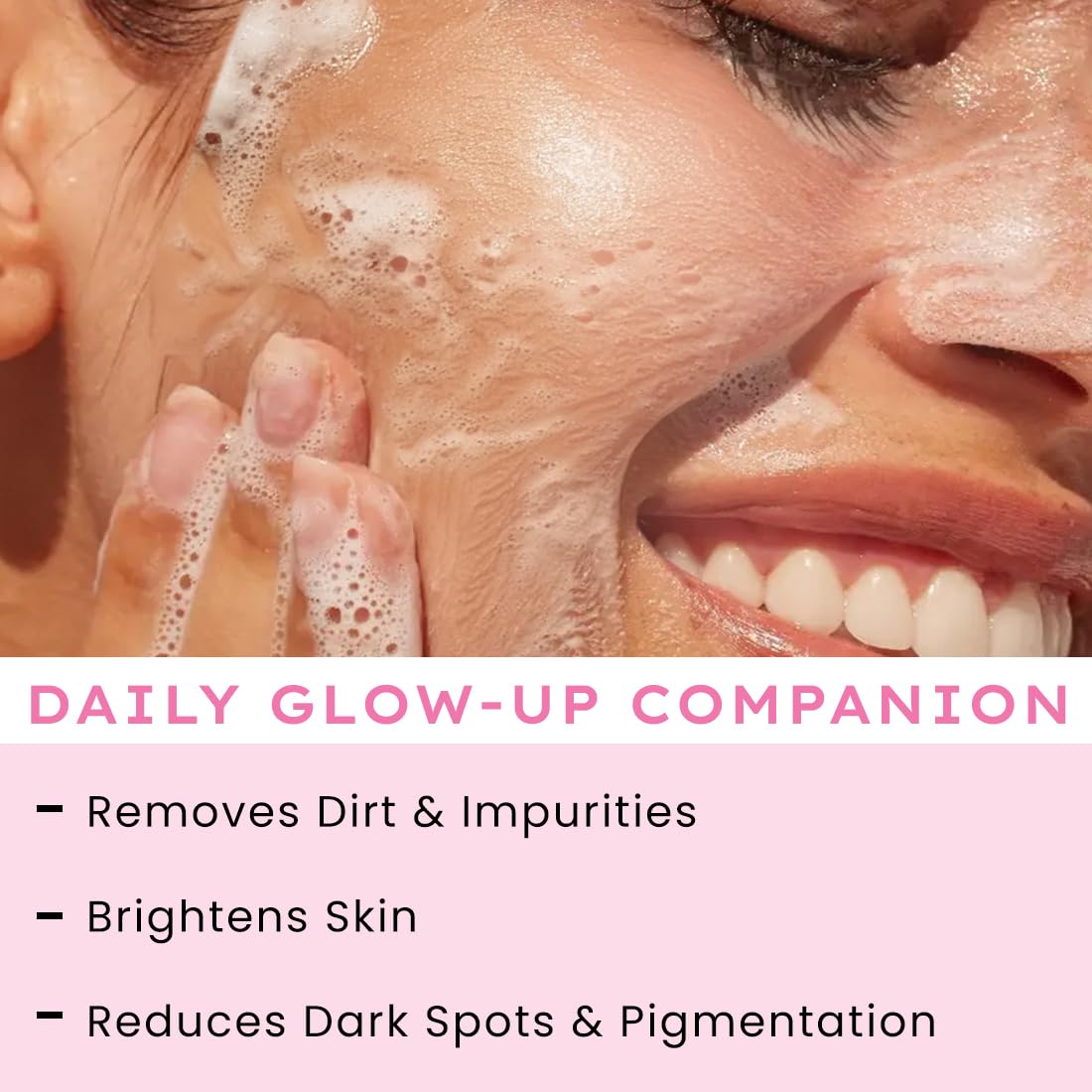 Person washing their face with a daily glow-up companion product, showing text benefits on a pink background.