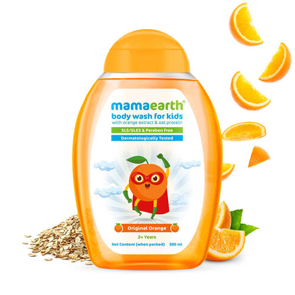 Mamaearth Original Orange Body Wash For Kids - 300 ml | Infused with Orange Extract and Oat Protein, Gently Cleanses Skin, Dermatologically Tested, SLS/SLES and Paraben Free