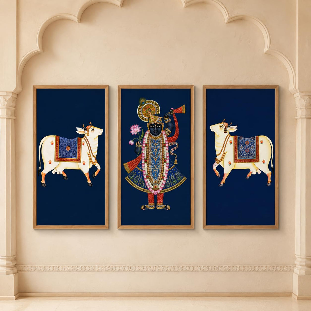 Set of 3 Shrinathji Cow Pichwai Wall Paintings with Sparkle Laminate, Premium Wooden Synthetic Frame, Krishna Religious Art for Living Room Pooja Decor