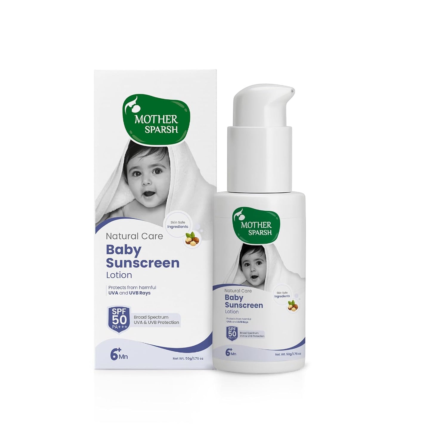 Mother Sparsh Natural Care Baby Sunscreen, SPF 50 PA+++, 50g | Sunscreen for Babies | Broad Spectrum, UVA & UVB Protection | Suitable for Babies 6+ Months