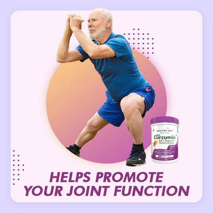 Man exercising with a supplement bottle labeled 'Curcumin' on a gradient background