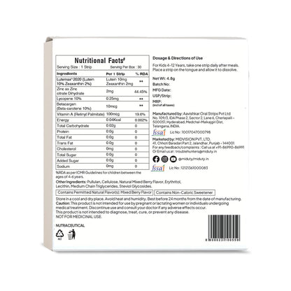 Zephivo Miduty Kids Vision Improvement Strips- Lutemax 2020- Lutein- Zeaxanthin-Astaxanthin- Beta Carotene- Eye Care- Improve Eyesight- Reduce Eye strain - Support Clear Vision- 30 strips