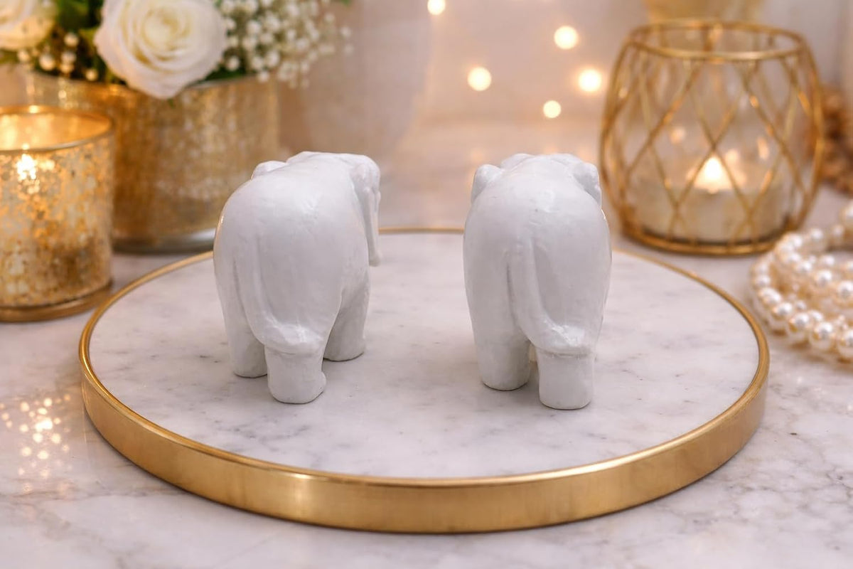 Marble Dust White Elephant Pair | Handmade Elephant Statue | Home Decor Showpiece | Pooja Vastu Feng Shui Lucky Gift Item | 6 cm | Set of 2