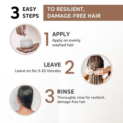 Instructions for achieving resilient, damage-free hair with three easy steps on a white background.