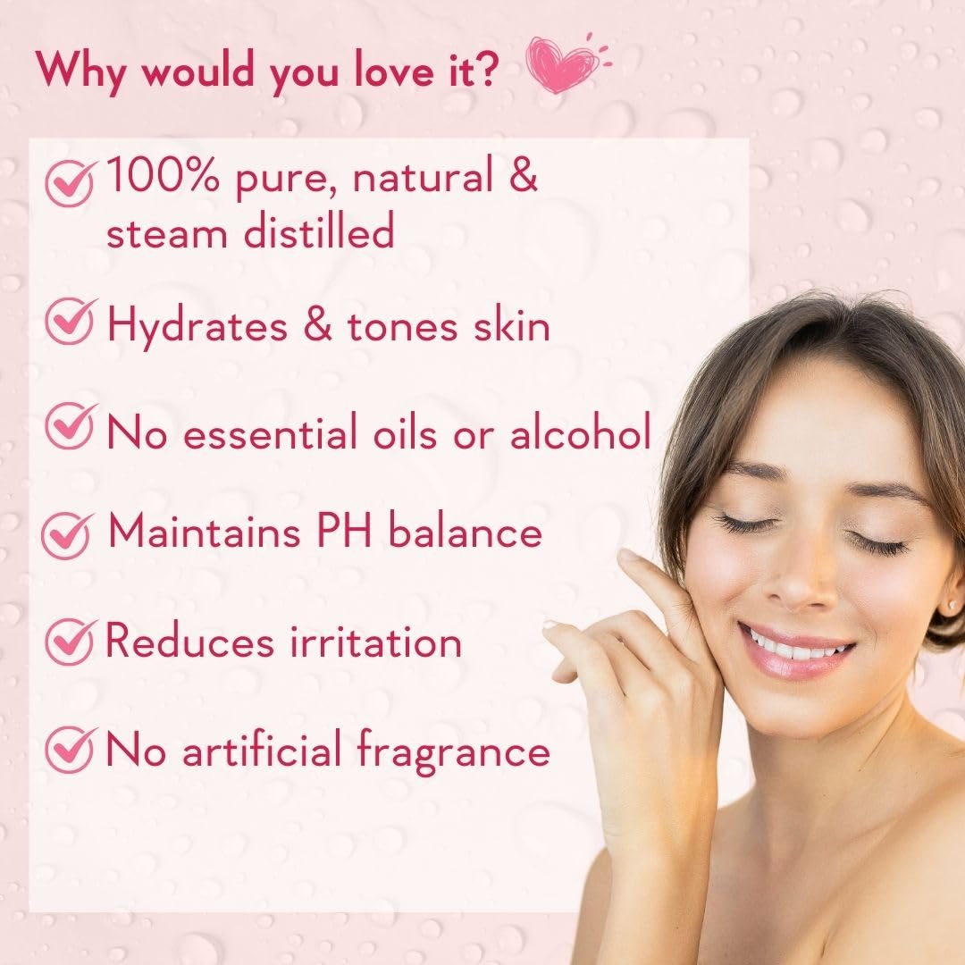 Woman with clean skin against a pink background with text about skincare benefits.