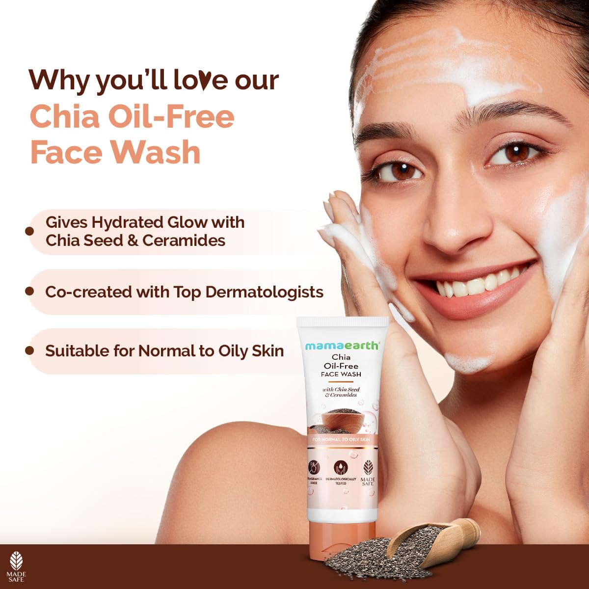 Mamaearth Chia Oil-Free Face Wash with Chia Seed & Ceramides - 100 ml | For Normal to Oily Skin | Gives Hydrated Glow | Co-created with Top Dermats | Cleanses Deeply | Healthy Skin Barrier | Fragrance& Soap Free