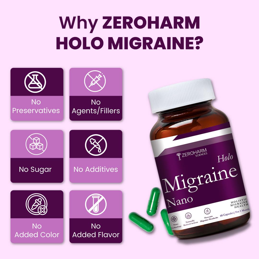 ZEROHARM Holo Migraine Capsules | Headache Relieve Supplement | Reduces Migraine, Non-Drowsy | For Optimal Brain Health | Helps in Reduces Frequency | Men & Women | 60 Capsules