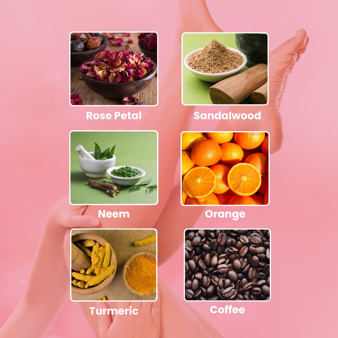 Collection of natural ingredients including rose petals, sandalwood, neem, oranges, turmeric, and coffee beans on a pink background.