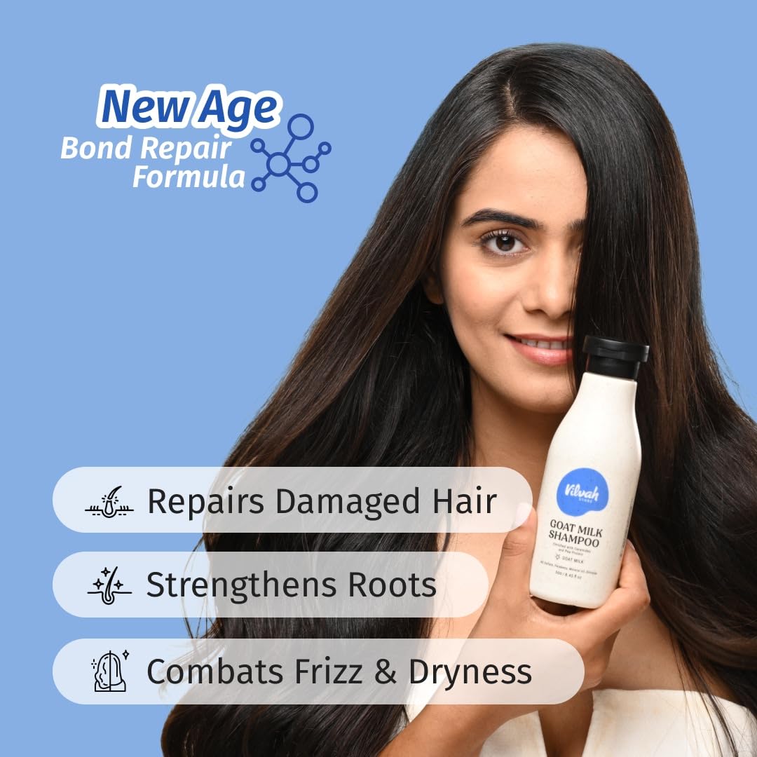 Vilvah Goat Milk Shampoo | with Ceramides for Dry & Frizzy Hair | Nourishing Natural Shampoo that Strengthens, Smoothens & Adds Shine | Sulphate-Free Hair Cleanser for Men & Women | 500ml