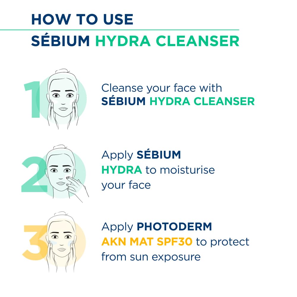 Step-by-step guide on how to use Sébium Hydra Cleanser with illustrations and text.